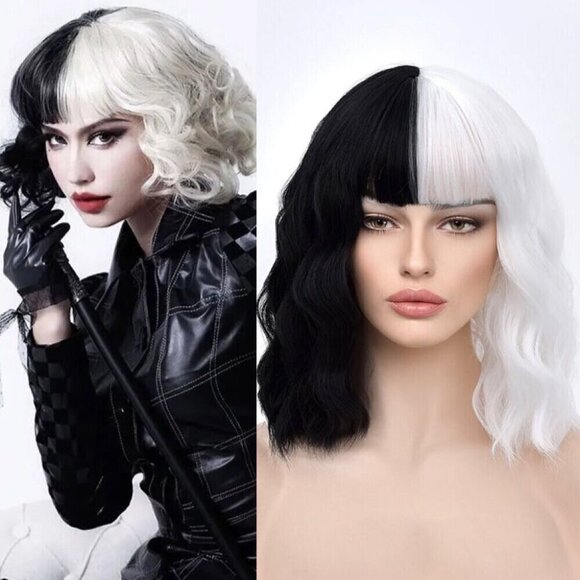 Other - Cruella Deville Black White  Two Tone Wig Cosplay Costume Wig with Bangs